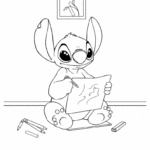 דמות חמודה עם אוזניים גדולות מציירת על דף בעזרת עפרון דף צביעה לילדים להדפסה מתאים לפעילות יצירה וצביעה לילדים יצירתיות וצביעת ציורים