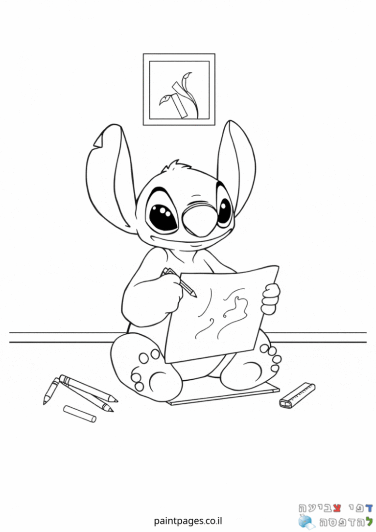 דמות חמודה עם אוזניים גדולות מציירת על דף בעזרת עפרון דף צביעה לילדים להדפסה מתאים לפעילות יצירה וצביעה לילדים יצירתיות וצביעת ציורים