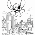 דף צביעה לילדים עם דמות מעופפת מעל עיר, מושלם לפעילות יצירה וצביעה. מתאים לאתר דפי צביעה מקוריים להדפסה.