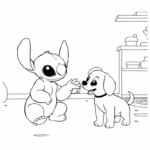 דף צביעה לילדים עם דמות חייזר וכלבלב בבית. מיועד לילדים שאוהבים יצירה וצביעה. מתאים לפעילות יצירתית בבית ספר או בבית.