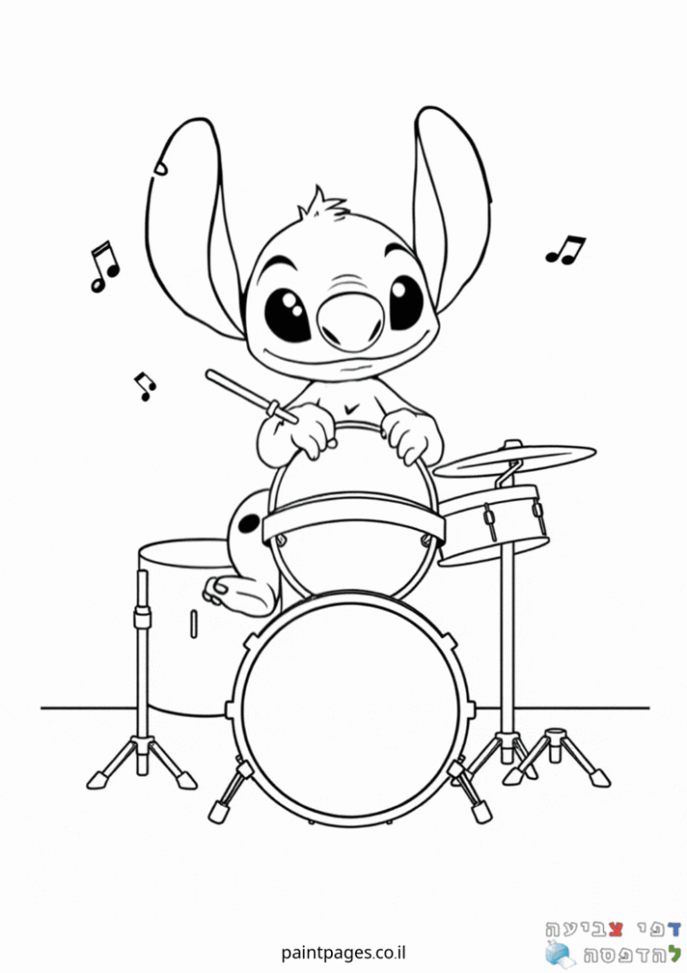דף צביעה לילדים דמות חייזר מתופף בתופים עם תווי נגינה מתאים לילדים שאוהבים צביעה ויצירה להדפסה שחור לבן יצירה מהנה