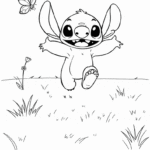 דף צביעה לילדים עם דמות חמודה קופצת ליד פרפר בשדה. מתאים לפעילות יצירה וצביעה. דפי צביעה מקוריים להדפסה בתמונות שחור לבן.