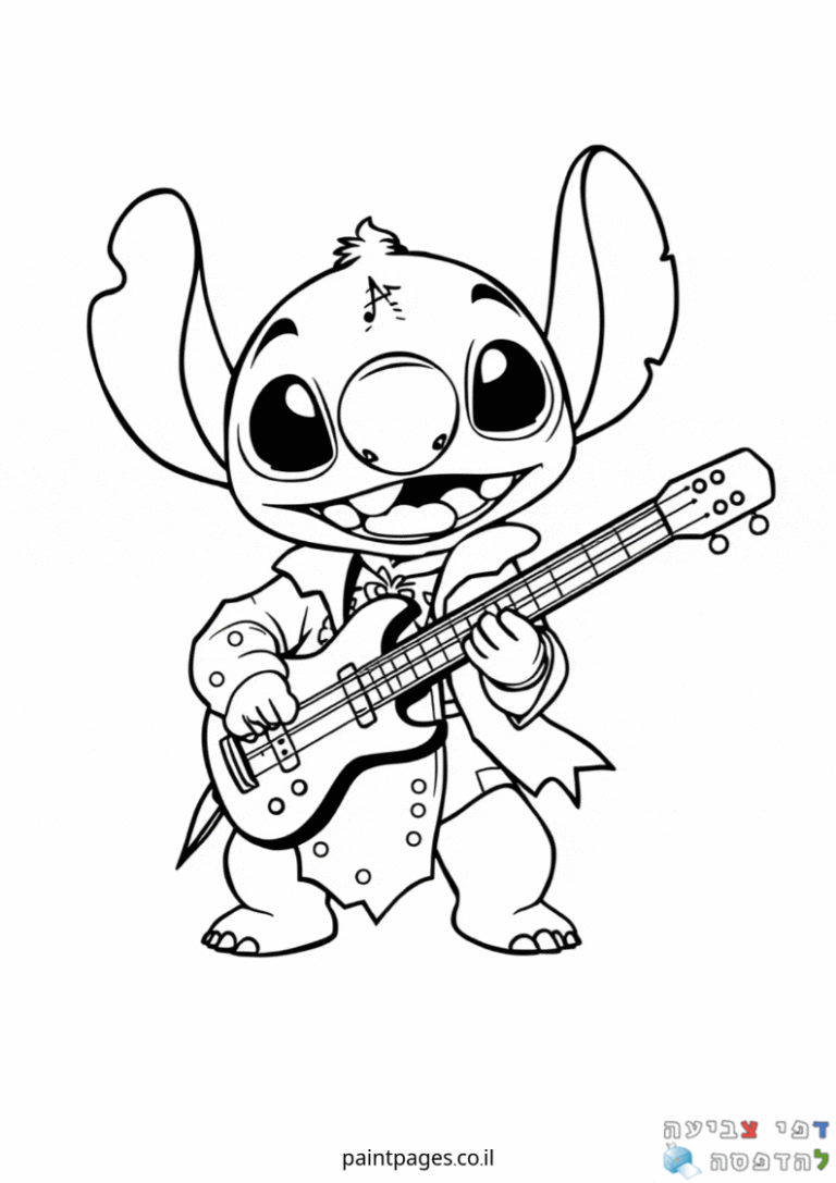 ילד מחזיק גיטרה בעיצוב חיות מקסים להדפסה וצביעה ילדים שאוהבים דפי צביעה יצירתיות ואומנות בצבעים לילדים בבית הספר ובגן