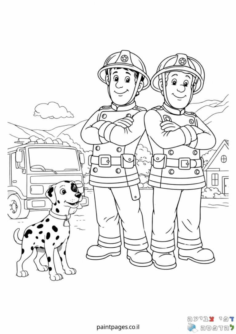 דף צביעה עם שני כבאים וכלב דלמטי לצביעה יצירתית ילדים, ציור שחור לבן להדפסה פעילות מהנה להתפתחות דמיון באתר דפי צביעה לילדים.