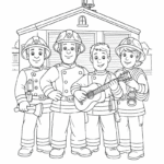 דף צביעה לילדים עם כבאיים עומדים מול תחנה אחד מהם מנגן בגיטרה מתאים לפעילות יצירה מהנה לילדים שאוהבים כיבוי אש וצבעים