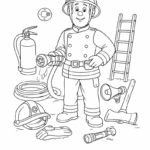 דף צביעה לילדים עם ציור כבאי מצויד, סמלי כבאית וציוד חירום, מתאים לפעילות יצירה וצביעה מהנה, מיועד לילדים שאוהבים כבאית והצלה