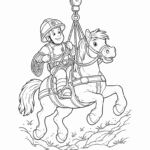ילד לבוש ככבאי רכוב על סוס מצויר בחליפת הצלה לצביעה דפי צביעה לילדים פעילות יצירה ציורי סוסים להורדה והדפסה