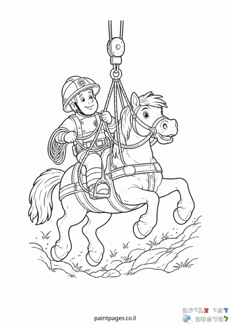 ילד לבוש ככבאי רכוב על סוס מצויר בחליפת הצלה לצביעה דפי צביעה לילדים פעילות יצירה ציורי סוסים להורדה והדפסה
