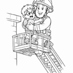 לוחם אש מחלץ ילד בסולם דפי צביעה לילדים פעילות יצירתית כיבוי אש להדפסה תמונת שחור לבן ציור מהנה לצביעה והכנה בבית