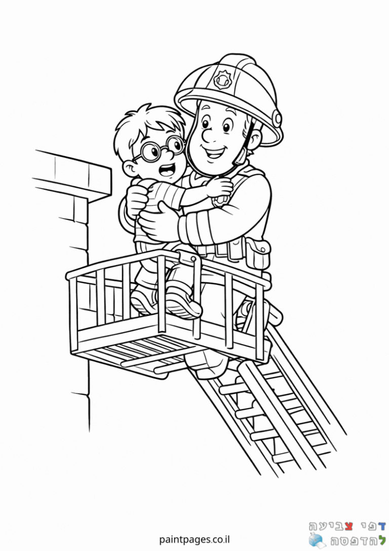 לוחם אש מחלץ ילד בסולם דפי צביעה לילדים פעילות יצירתית כיבוי אש להדפסה תמונת שחור לבן ציור מהנה לצביעה והכנה בבית