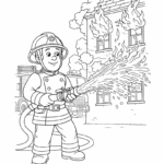 ילד כבאי מצייר מים עם צינור לכיבוי אש בבניין בוער באיור שחור לבן דפי צביעה ילדים פעילויות יצירה כיבוי אש מבנה בוער