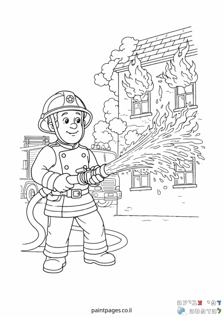 ילד כבאי מצייר מים עם צינור לכיבוי אש בבניין בוער באיור שחור לבן דפי צביעה ילדים פעילויות יצירה כיבוי אש מבנה בוער