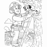 כבאי מחלץ כלב מעץ עם כבאית ברקע דפי צביעה לילדים פעילות יצירתית להדפסה ציורים בשחור לבן מהנים לצביעה אמנות וכיף לילדים שאוהבים חיות