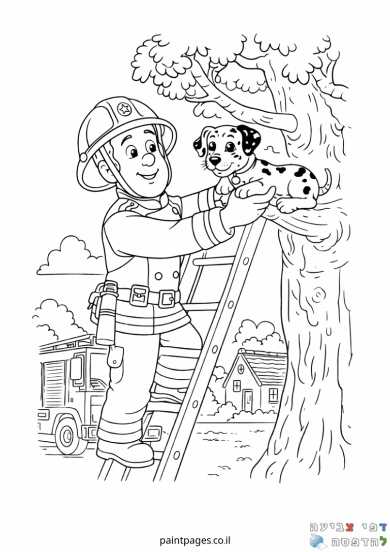 כבאי מחלץ כלב מעץ עם כבאית ברקע דפי צביעה לילדים פעילות יצירתית להדפסה ציורים בשחור לבן מהנים לצביעה אמנות וכיף לילדים שאוהבים חיות