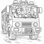 דף צביעה כבאית עם שני כבאים מחייכים ברכב פעילויות יצירה צבעים לילדים הדפסת דפי צביעה חינם הרפתקאות להצית הדמיון