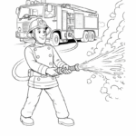 דף צביעה לילדים של כבאי עם צינור מים ליד כבאית מתאים לפעילות יצירה צביעה חווייתית מפתח דמיון ואומנות דפי צביעה לכל המשפחה