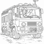 דף צביעה לילדים עם כבאי במכונית כיבוי אש שחור לבן מתאים לפעילות יצירה וצביעה מהנה אתר דפי צביעה להדפסה חינוכי ומפתח יצירתיות