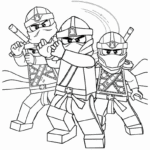 דפי צביעה לילדים עם לוחמים בסגנון לגו. ציור בשחור לבן להדפסה. זהו דף צביעה פופולרי לפעילות יצירה וצביעה לילדים חובבי לגו ונינג'ה.