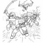 דף צביעה לילדים עם חבורת נינג'ות בלגו קופצות באוויר עם חרבות במרץ. מושלם לפעילות יצירה וצביעה מהנה ומאתגרת.