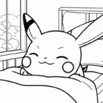 פוקימון חמוד מתכרבל במיטה ליד חלון פתוח דף צביעה לילדים אוהבי יצירה וצביעה ציור שחור לבן להדפסה מתוך אתר דפי צביעה לילדים