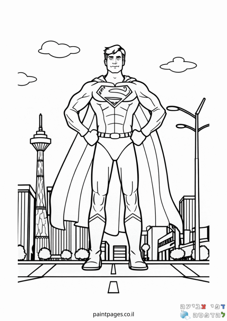 ציור שחור לבן של גיבור על עם גלימה בעיר. מתאים לפעילות יצירה וצביעה לילדים. דפי צביעה לילדים להדפסה.