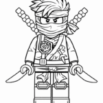 דף צביעה נינג'ה לילדים עם דמות לגו מחזיקה חרבות בארט בסגנון קרב יפני מתאים להדפסה לפעילות יצירה מהנה ואמנותית באתר דפי צביעה