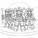 דף צביעה לילדים עם דמויות לגו מחזיקות חרב מתאים לילדים שחובבים פעילות יצירה וצביעה מתאים להדפסה ופעילות כיפית בבית