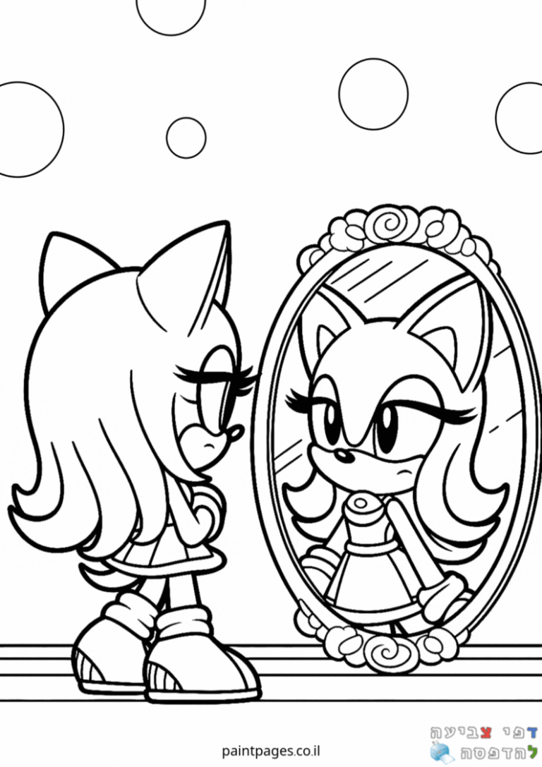 דמות חתול מצוירת עומדת מול מראה עם השתקפות. דף צביעה לילדים חובבי יצירה וצביעה. ציור שחור לבן להדפסה עם עיגולים ברקע.