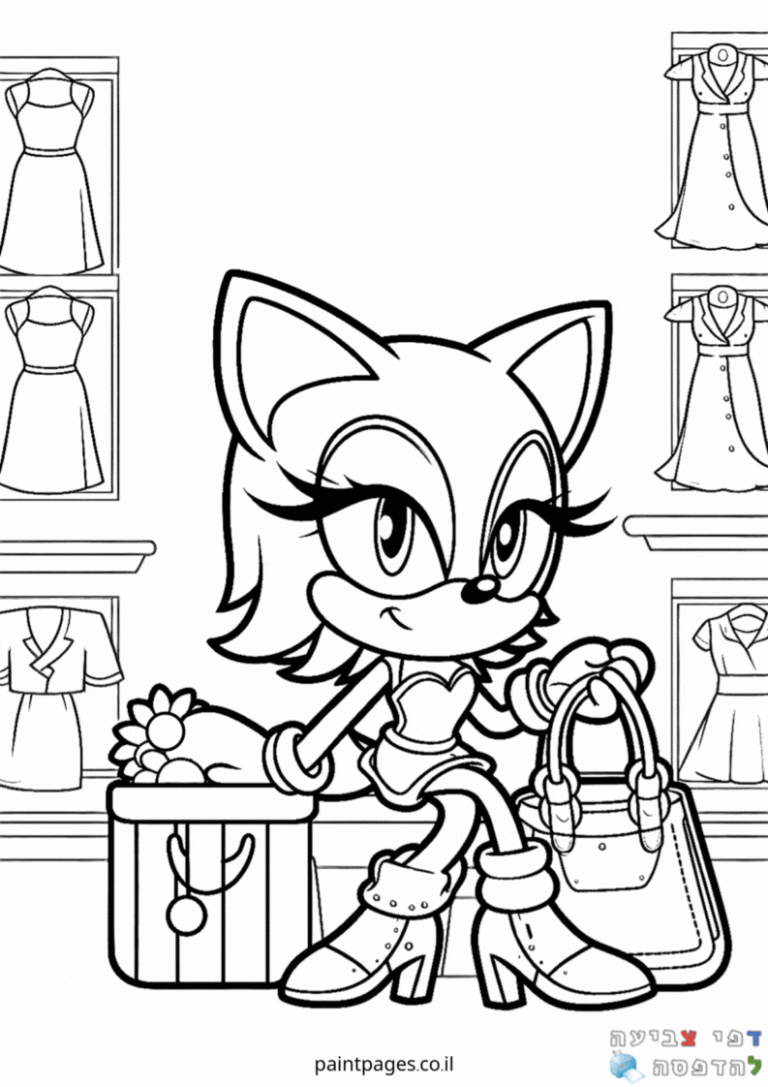 דף צביעה לילדים חיות מצוירת בחנות בגדים ספורטיביים מחזיקה תיק מסמלת כיף ויצירה מתאימה לילדים שאוהבים פעילות יצירתית וצביעה
