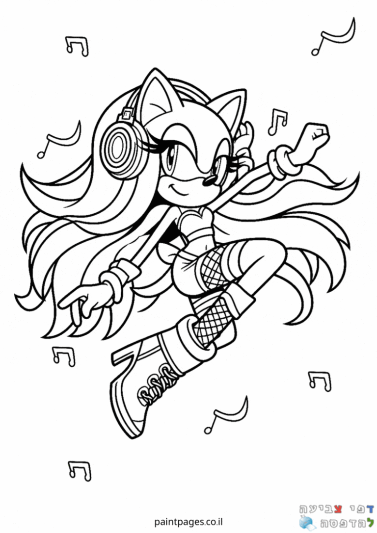 דף צביעה של דמות חתול מצוירת עם אוזניות רוקדת מוזיקה מתאים לילדים שאוהבים אמנות יצירה וצביעה להורדה ולהדפסה בחינם