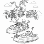 דף צביעה לילדים עם דרקון אופנועים וספינות מהירות לצביעה יצירתית מתאים לפעילות יצירה מהנה הדפסה קלה איכותית במיוחד לילדים שאוהבים צביעה